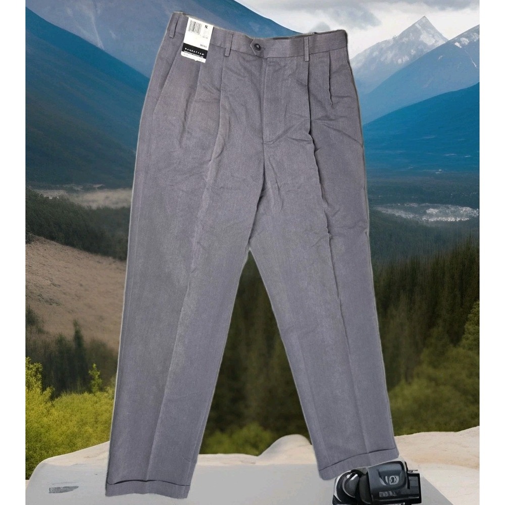 Manhattan‎ Dress Slacks Mens 34x32 Gray Cuffed Pleated Pants NOS Has Tags